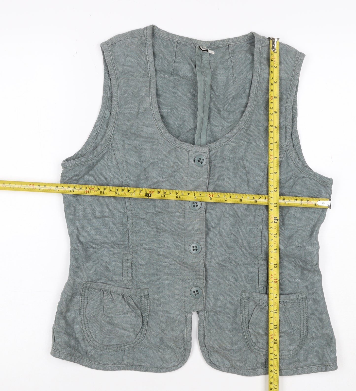 Part Two Women Grey Linen Button-Up Sleeveless Top Size 14 Pockets