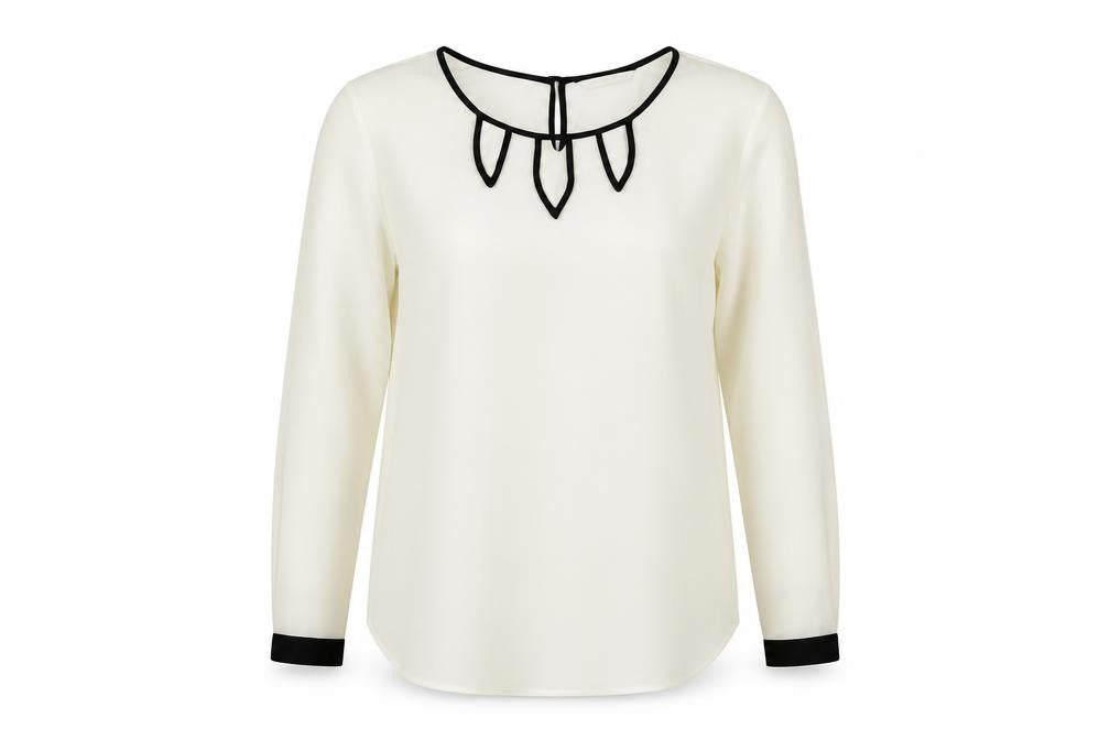 Front view of Marks & Spencer Women Ivory, size 14, Chiffon Blouse Black Trim