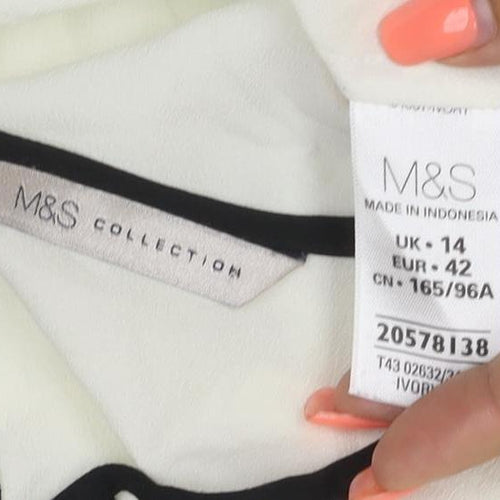 Marks and Spencer Women Ivory Size 14 Chiffon Blouse Black Trim