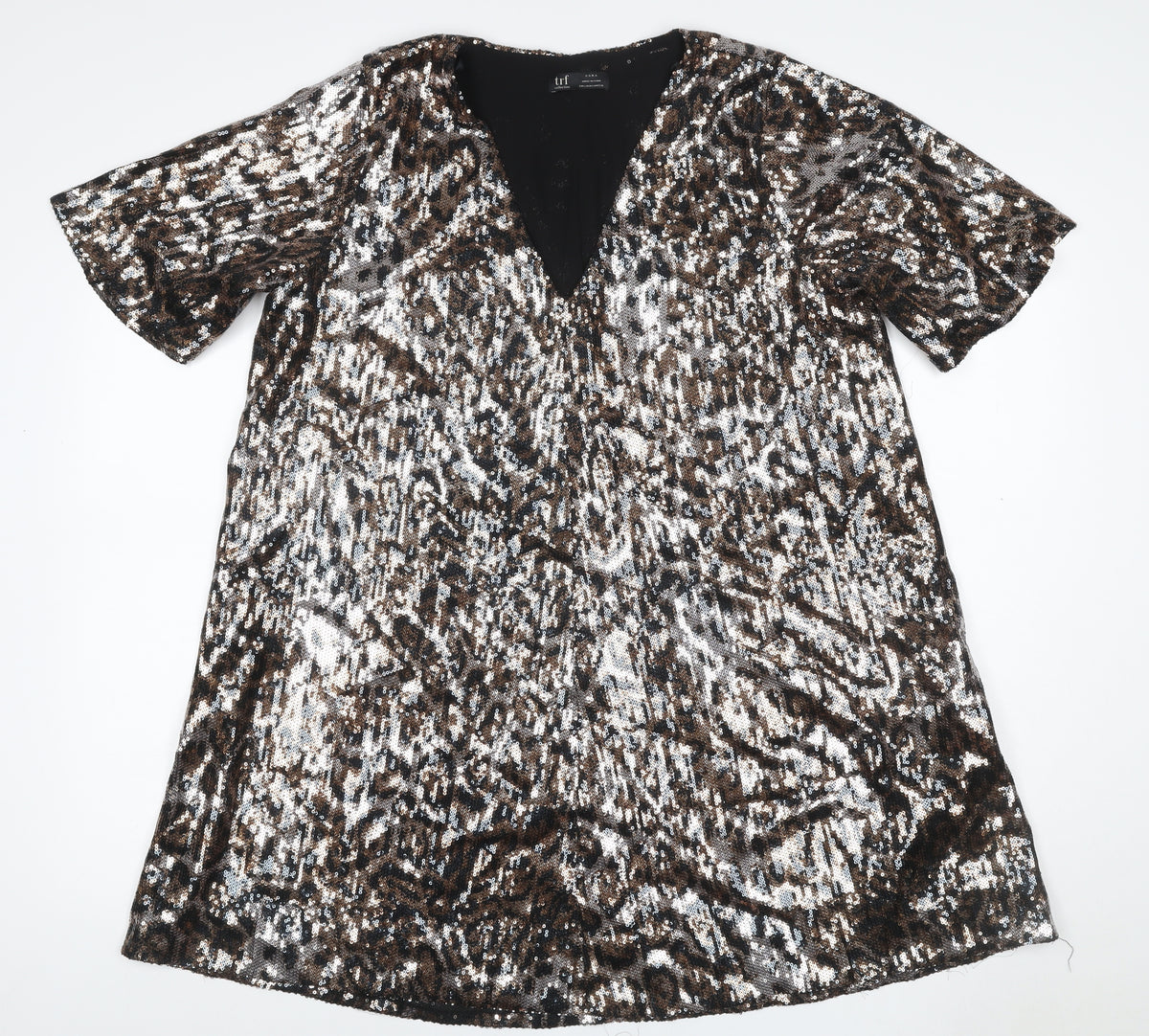 Additional front view of Zara TRF Women’s Silver Leopard Sequin A-Line Mini Dress, size M