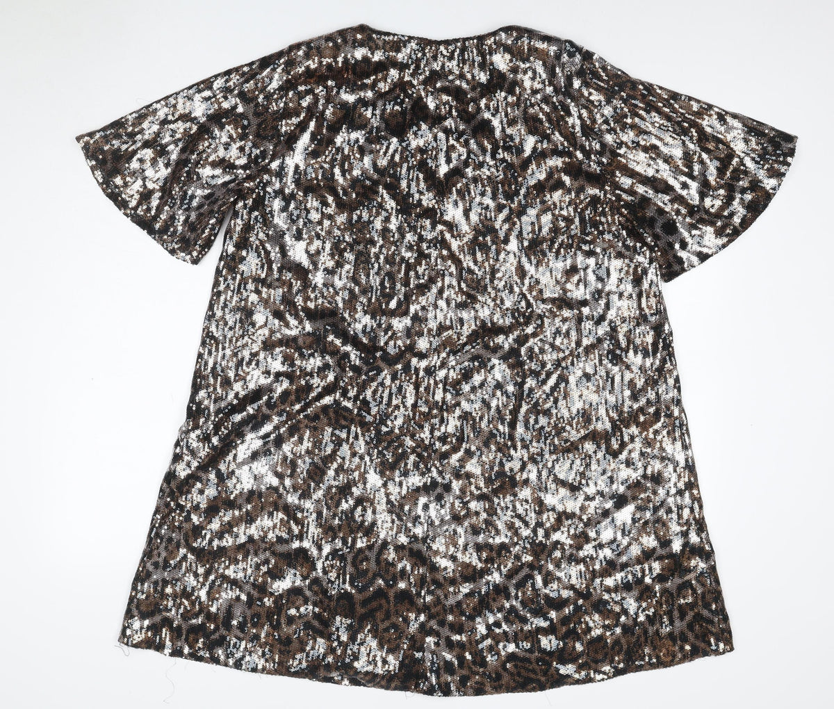 Back view of Zara TRF Women’s Silver Leopard Sequin A-Line Mini Dress, size M