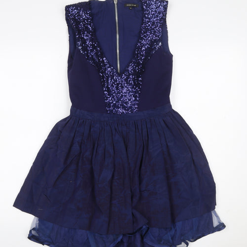 River Island Women Blue UK 10 Skater Dress Sequin V Neck Zip