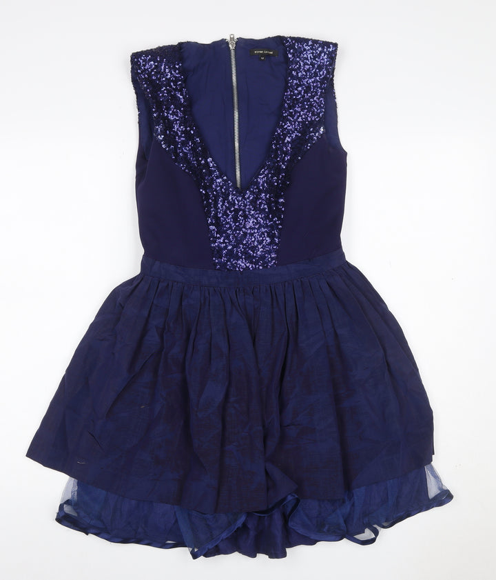 River Island Women Blue UK 10 Skater Dress Sequin V Neck Zip