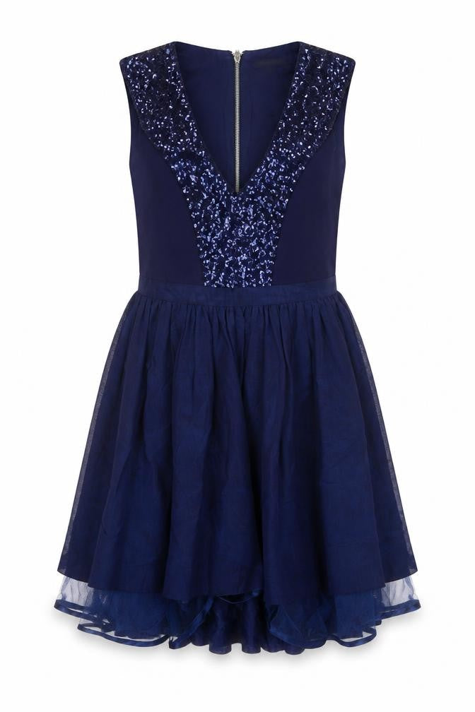 River Island Women Blue UK 10 Skater Dress Sequin V Neck Zip