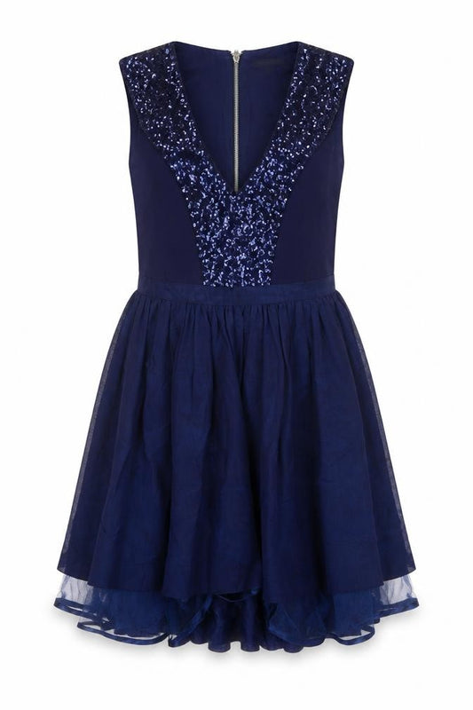 Front view of River Island Women Blue UK 10 Skater Dress Sequin V Neck Zip