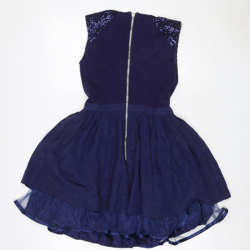 River Island Women Blue UK 10 Skater Dress Sequin V Neck Zip