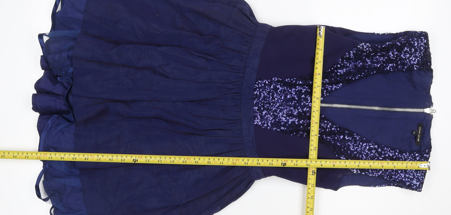 River Island Women Blue UK 10 Skater Dress Sequin V Neck Zip