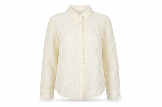 Front view of Mango Women Ivory UK 10 Sheer Rhinestone Long Sleeve Button-Up Blouse