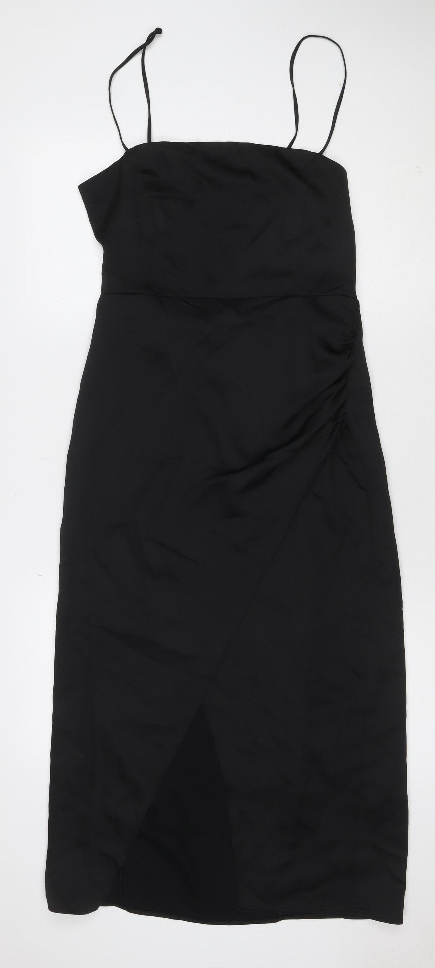 Zara Women Black UK 12 Midi Slip Dress Strappy Formal Party