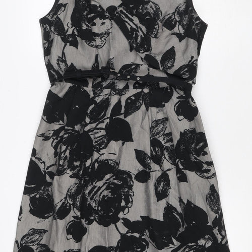 Per Una Women Grey Black Floral Lace-Up Knee Length Sheath Dress UK 12