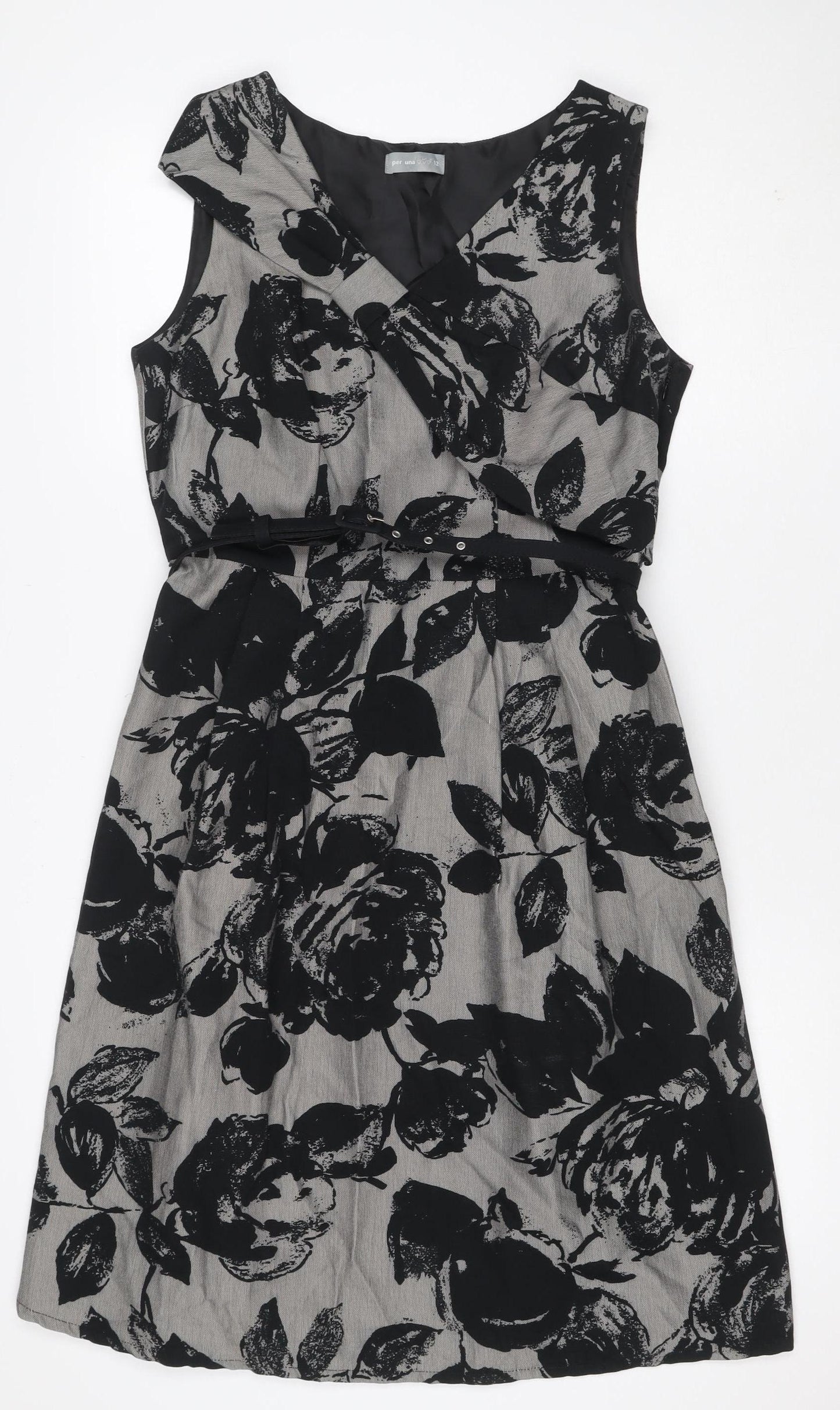 Per Una Women Grey Black Floral Lace-Up Knee Length Sheath Dress UK 12