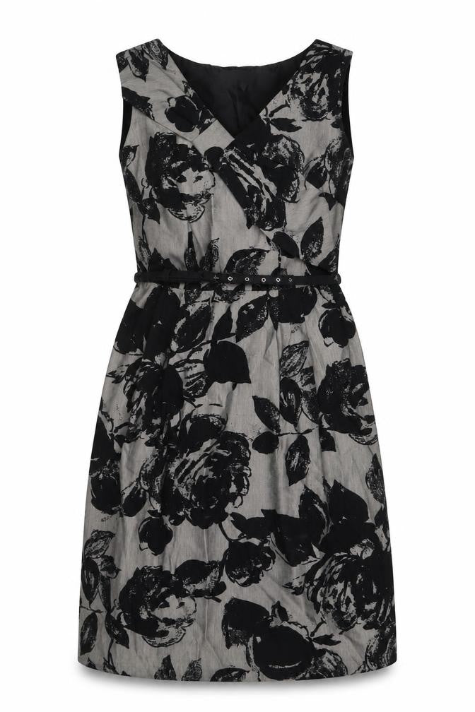 Per Una Women Grey Black Floral Lace-Up Knee Length Sheath Dress UK 12