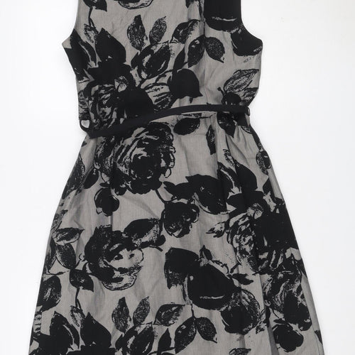 Per Una Women Grey Black Floral Lace-Up Knee Length Sheath Dress UK 12