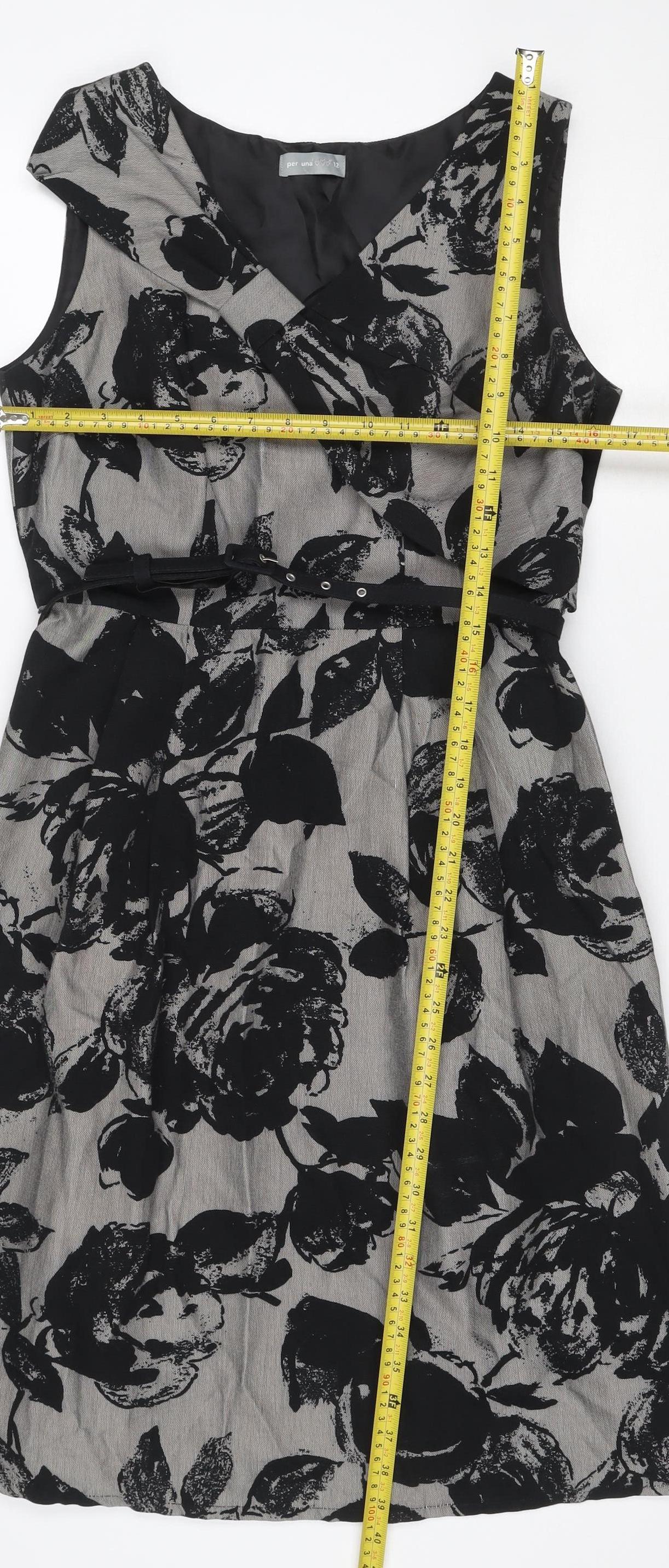 Per Una Women Grey Black Floral Lace-Up Knee Length Sheath Dress UK 12
