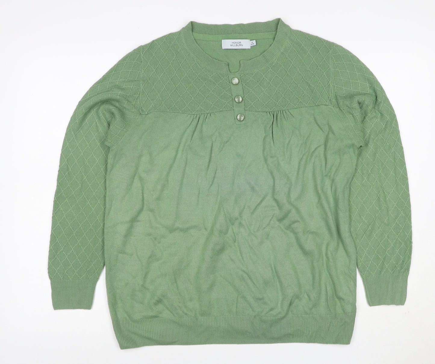 Honor Millburn Women's Green UK 14-16 Henley Diamond Knit Jumper