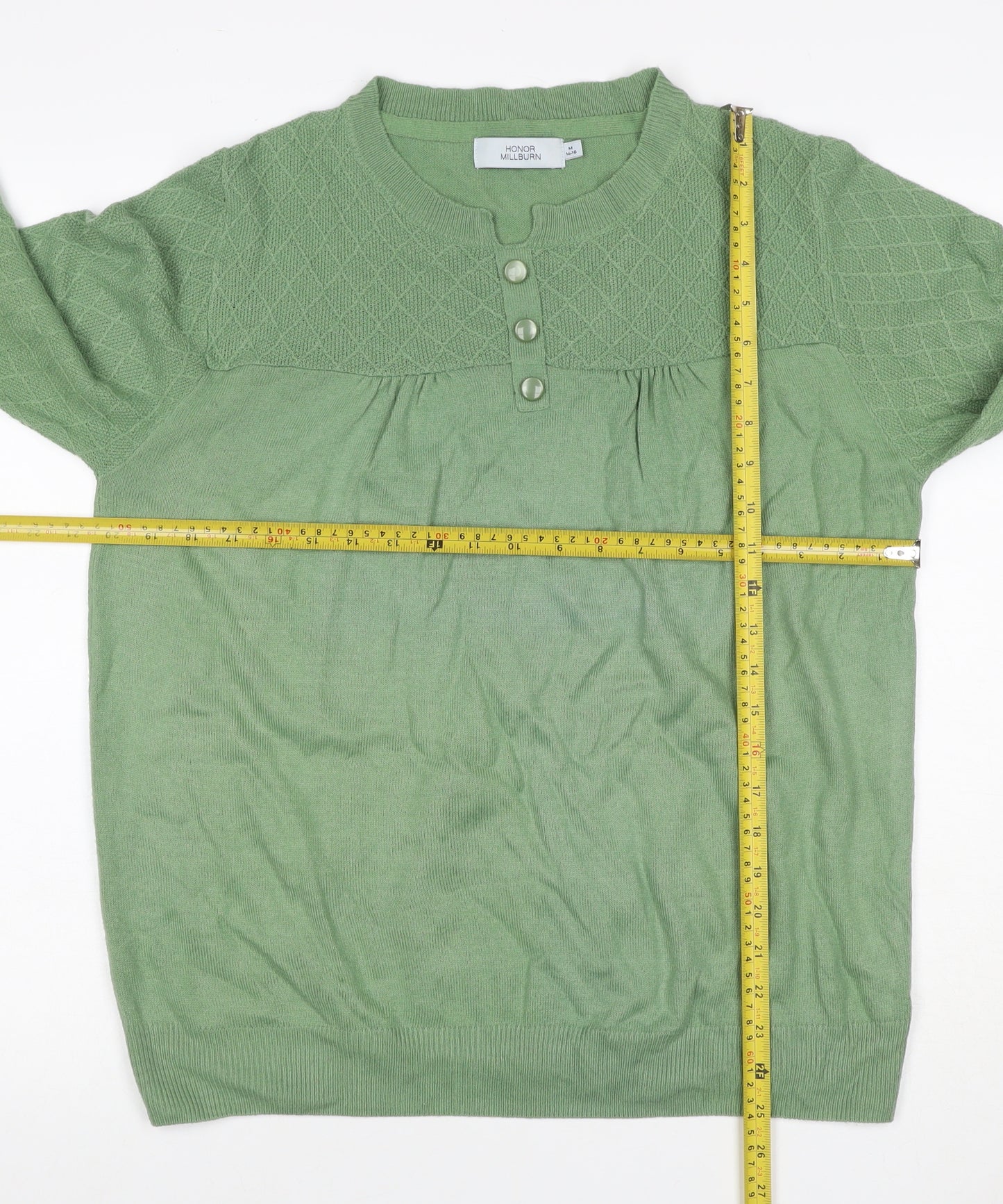 Honor Millburn Women's Green UK 14-16 Henley Diamond Knit Jumper