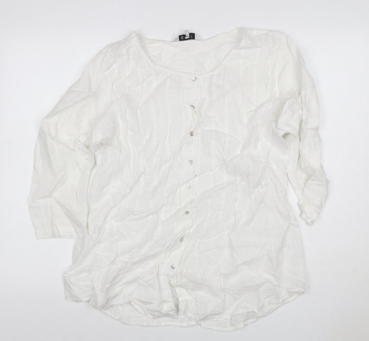 East Women White Linen Button-Up Blouse Size 16 Long Sleeve