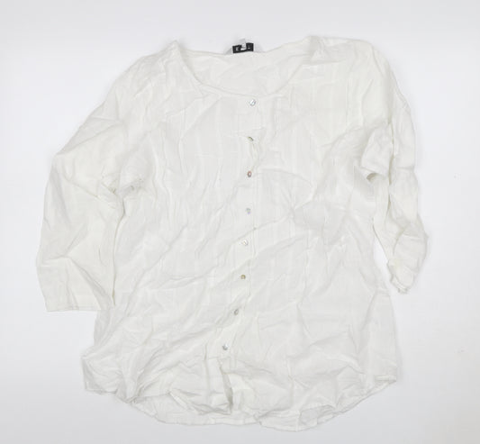 East Women White Linen Button-Up Blouse Size 16 Long Sleeve