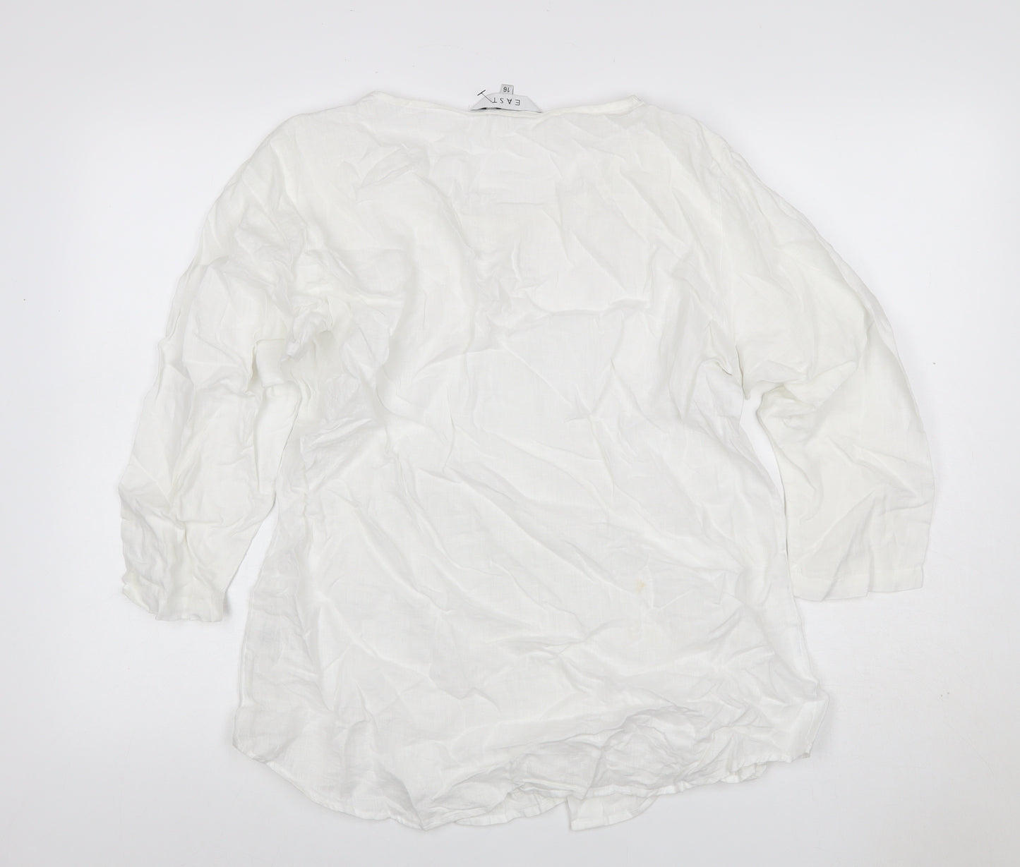East Women White Linen Button-Up Blouse Size 16 Long Sleeve