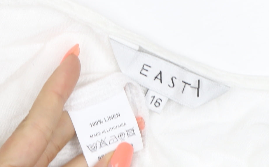 East Women White Linen Button-Up Blouse Size 16 Long Sleeve