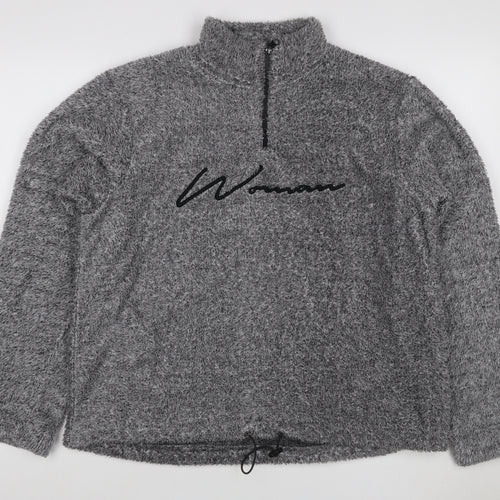 Boohoo Women Grey UK 10 1/4 Zip Fleece Logo Sweatshirt