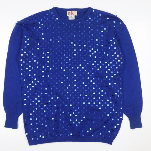 R&K Originals Women Blue M Sequin Crew Neck Vintage Acrylic Jumper