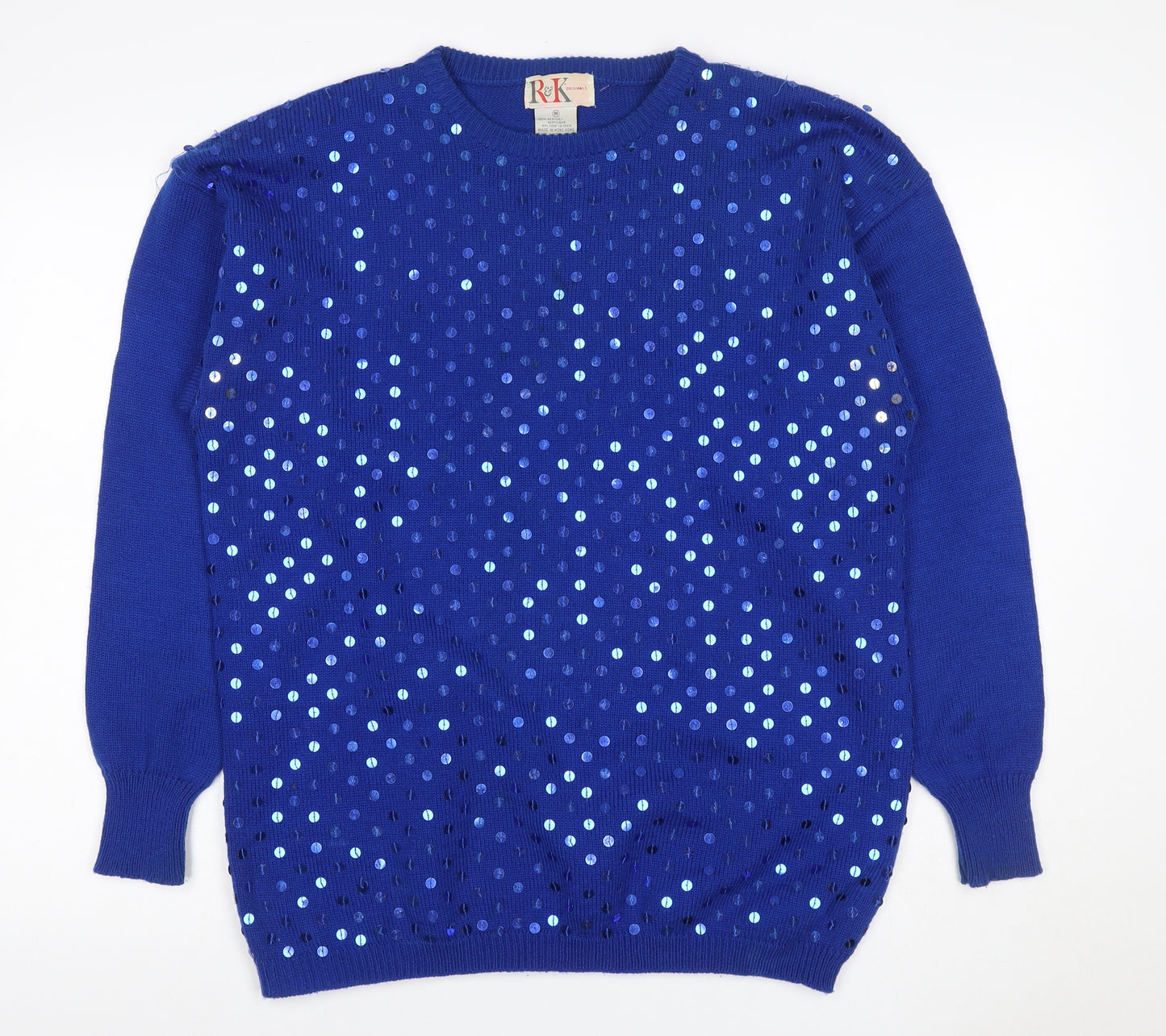 R&K Originals Women Blue M Sequin Crew Neck Vintage Acrylic Jumper