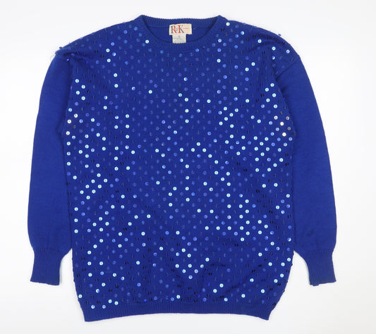 R&K Originals Women Blue M Sequin Crew Neck Vintage Acrylic Jumper