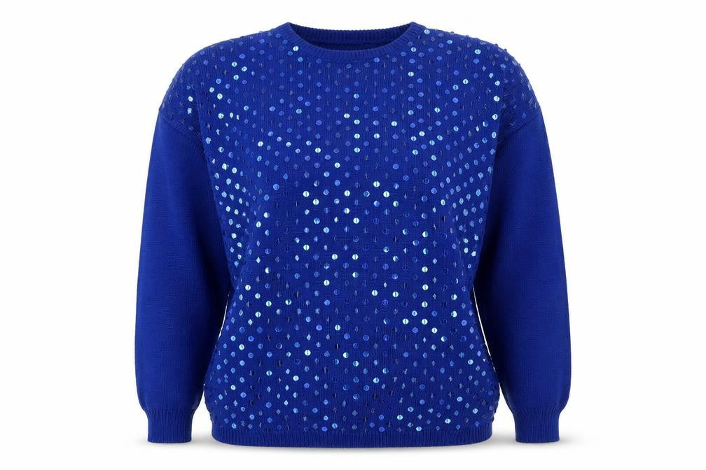 R&K Originals Women Blue M Sequin Crew Neck Vintage Acrylic Jumper