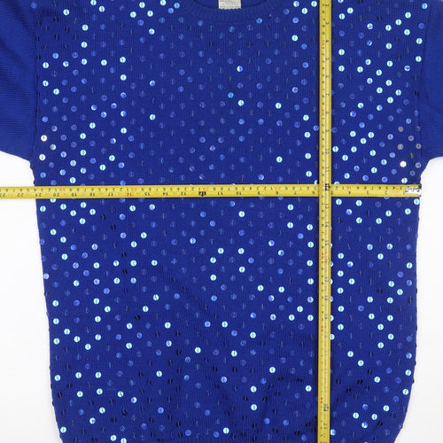 R&K Originals Women Blue M Sequin Crew Neck Vintage Acrylic Jumper
