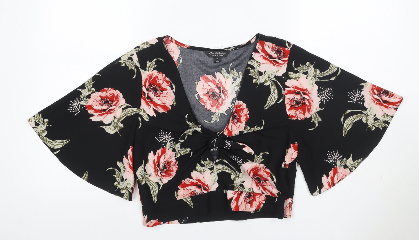 Miss Selfridge Women Black Floral Kimono Tie Front Blouse UK 12
