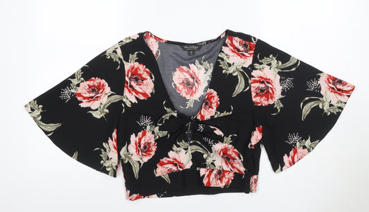 Miss Selfridge Women Black Floral Kimono Tie Front Blouse UK 12
