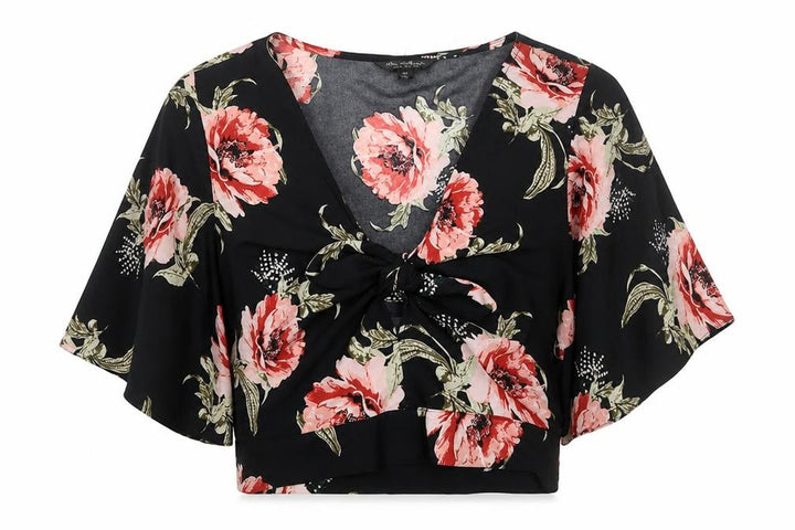 Miss Selfridge Women Black Floral Kimono Tie Front Blouse UK 12