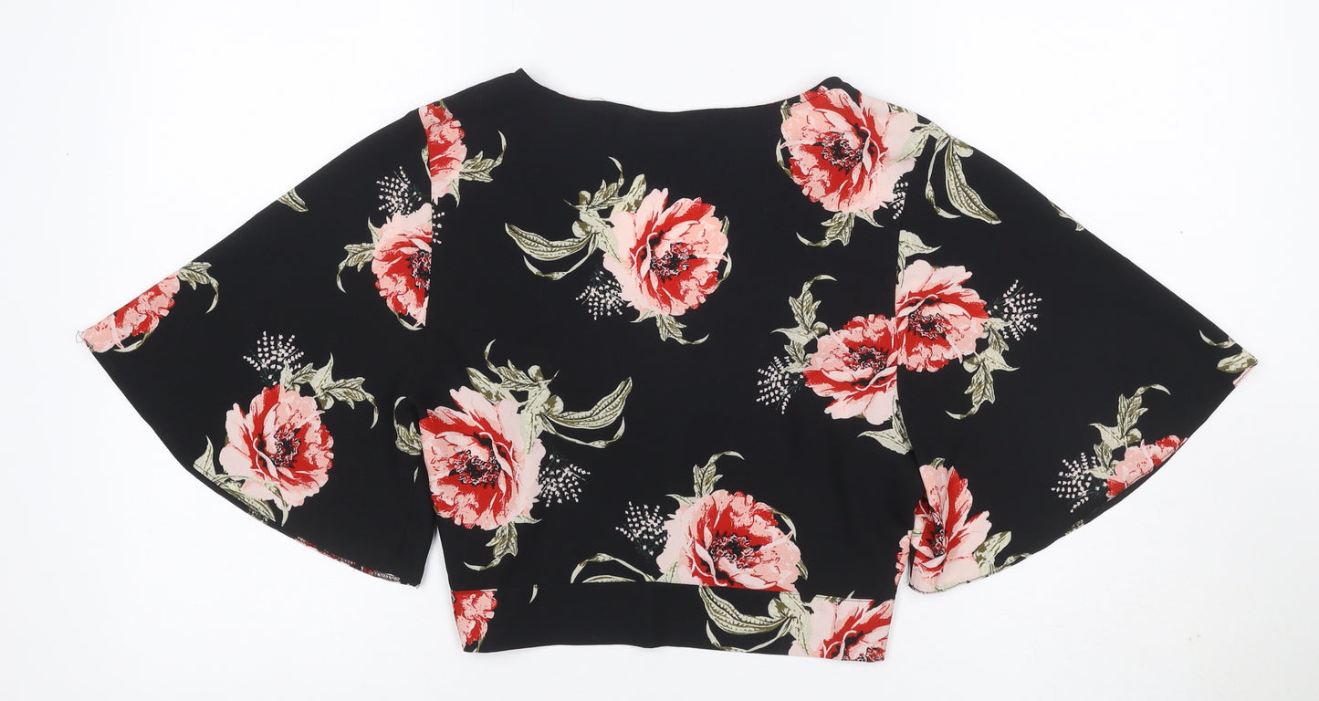Miss Selfridge Women Black Floral Kimono Tie Front Blouse UK 12