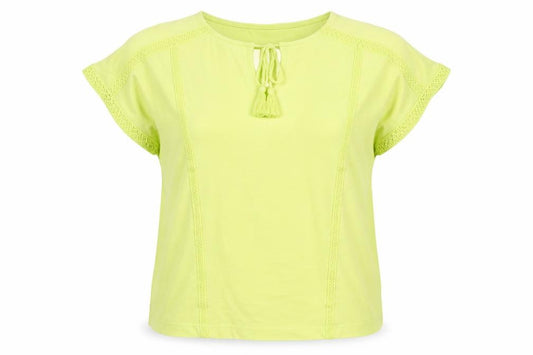 Gallery Women Yellow M Tie Neck Crochet Trim Cap Sleeve Blouse
