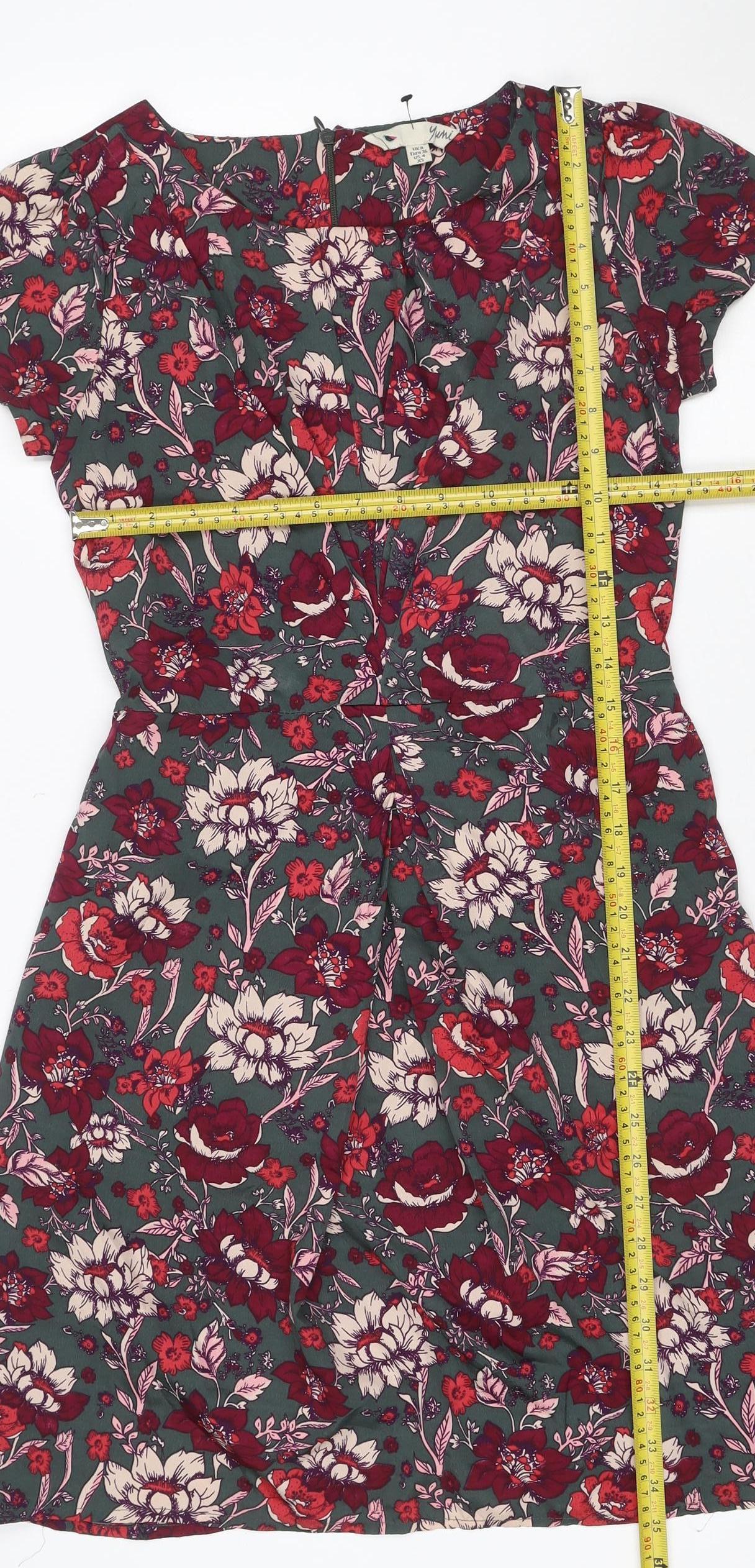 Yumi Women’s Green Floral Fit & Flare Knee Length Dress UK 8
