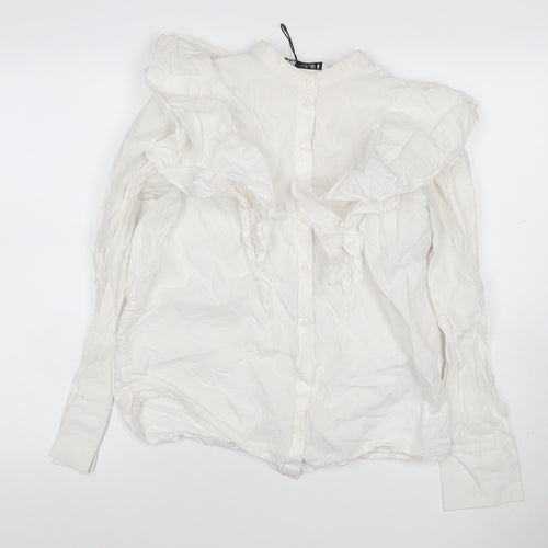 Zara Women White S Modal Ruffle Long Sleeve Button-Up Blouse