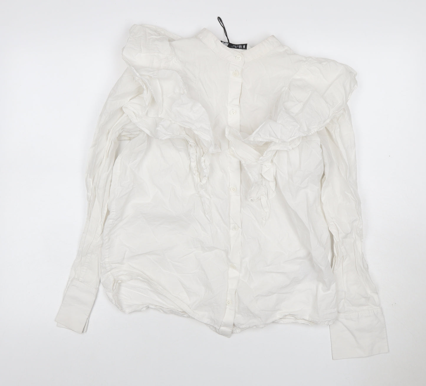 Zara Women White S Modal Ruffle Long Sleeve Button-Up Blouse