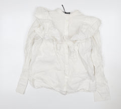 Zara Women White S Modal Ruffle Long Sleeve Button-Up Blouse