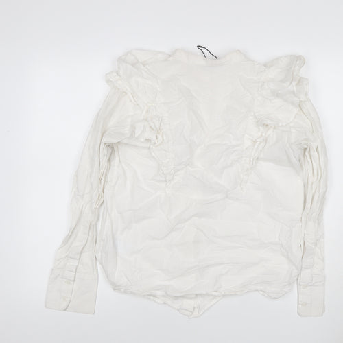 Zara Women White S Modal Ruffle Long Sleeve Button-Up Blouse