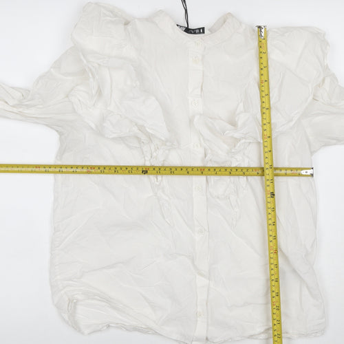 Zara Women White S Modal Ruffle Long Sleeve Button-Up Blouse