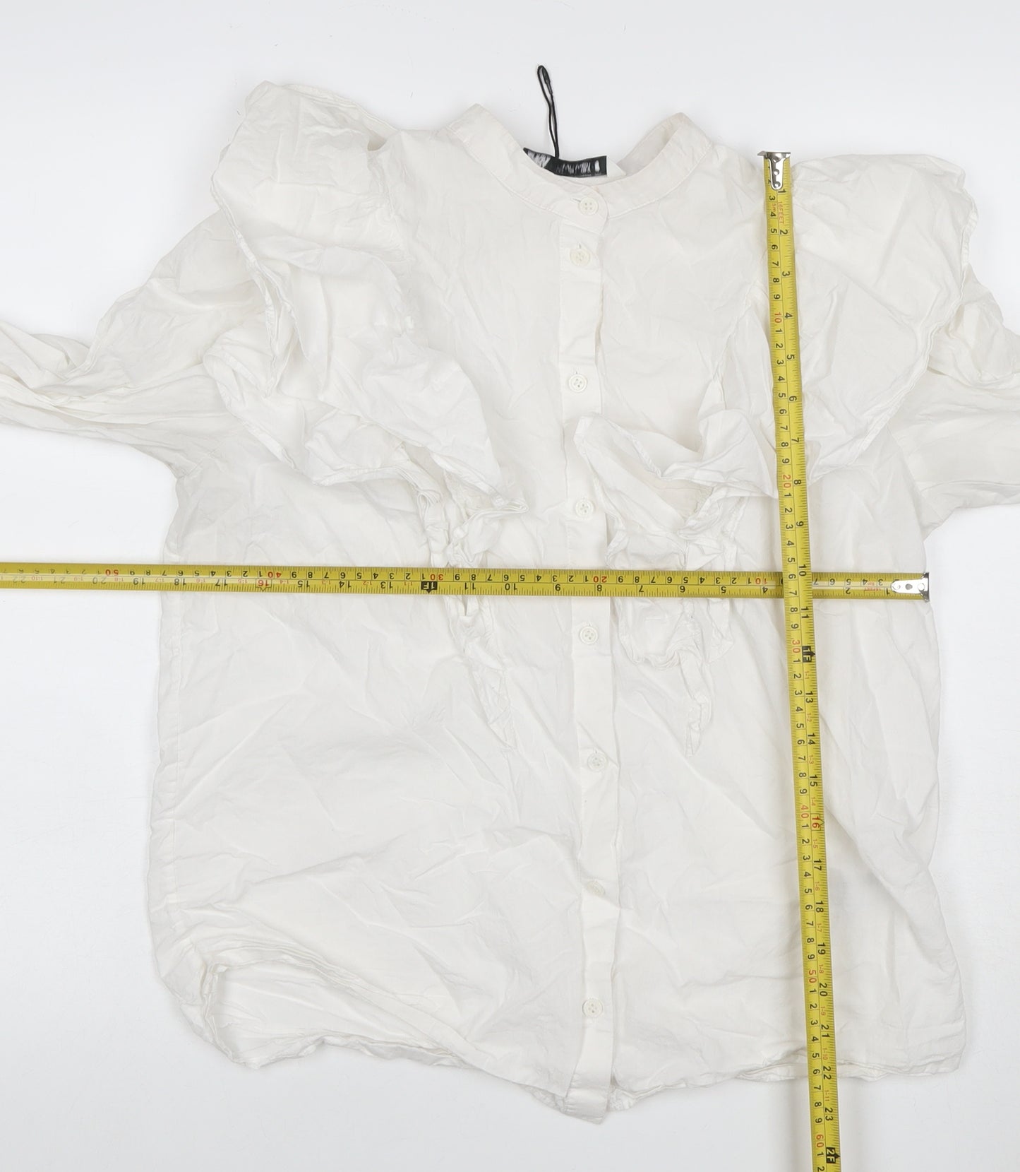 Zara Women White S Modal Ruffle Long Sleeve Button-Up Blouse
