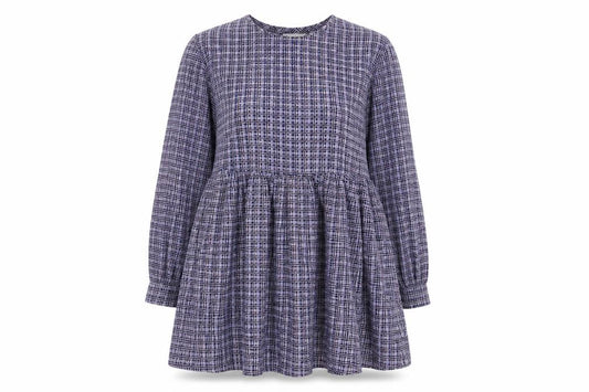 Front view of Daisy Street Women Blue Check Skater Dress UK 10 Long Sleeve Mini