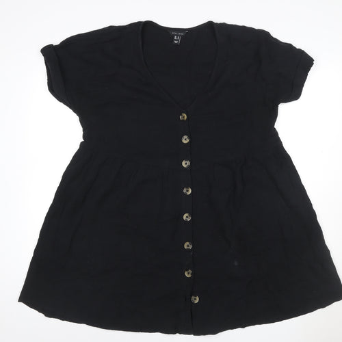 New Look Women Black UK 14 Fit & Flare V-Neck Button Mini Dress