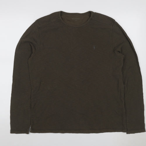 AllSaints Men's Green Large Waffle Knit Long Sleeve Crew Neck T-Shirt