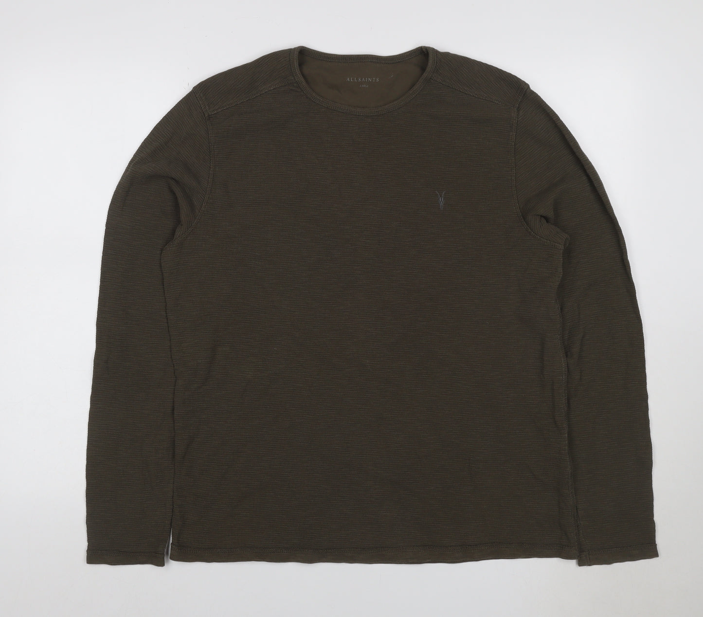 AllSaints Men's Green Large Waffle Knit Long Sleeve Crew Neck T-Shirt