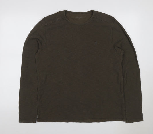 AllSaints Men's Green Large Waffle Knit Long Sleeve Crew Neck T-Shirt