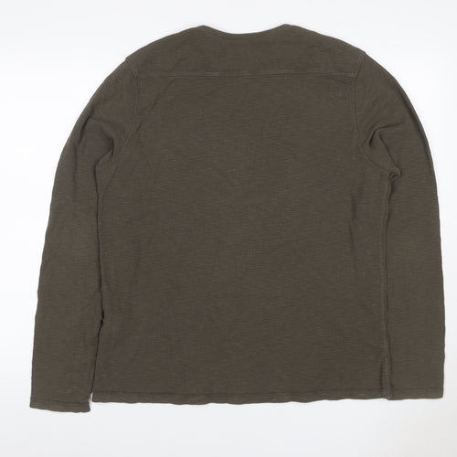 AllSaints Men's Green Large Waffle Knit Long Sleeve Crew Neck T-Shirt