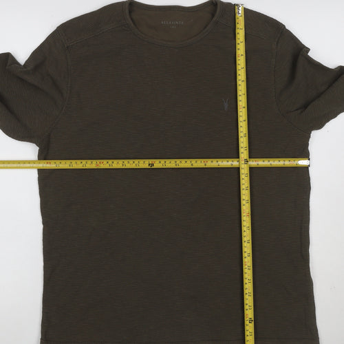 AllSaints Men's Green Large Waffle Knit Long Sleeve Crew Neck T-Shirt