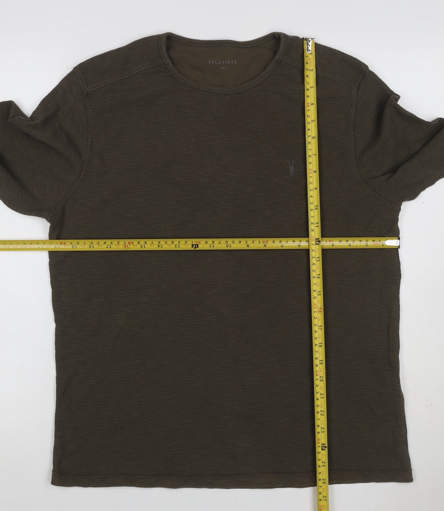 AllSaints Men's Green Large Waffle Knit Long Sleeve Crew Neck T-Shirt